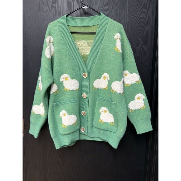 New Korean Women Loose Knitted Sweater Cardigan Buttons L Sheep Jacket Green - Picture 5 of 6